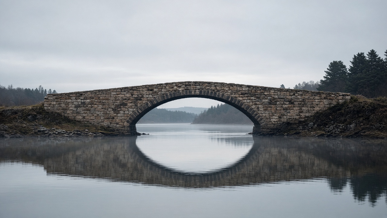 A stone arch bridge over still water